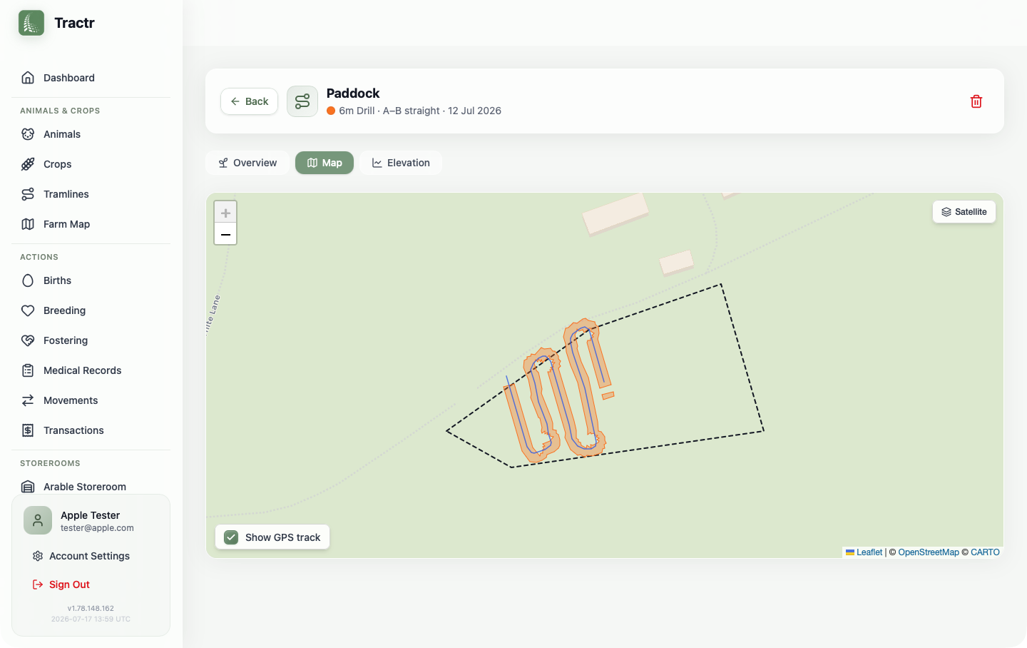 Tramlines worked-area coverage and GPS track over a field boundary